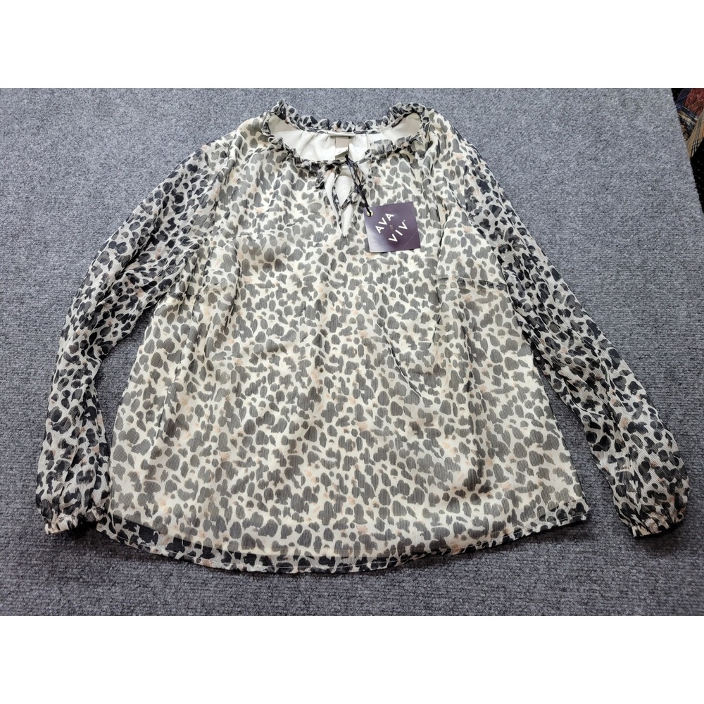 Ava & Viv Black White Abstract Leopard Print Ruffle Tie Neck Blouse Size X NWT